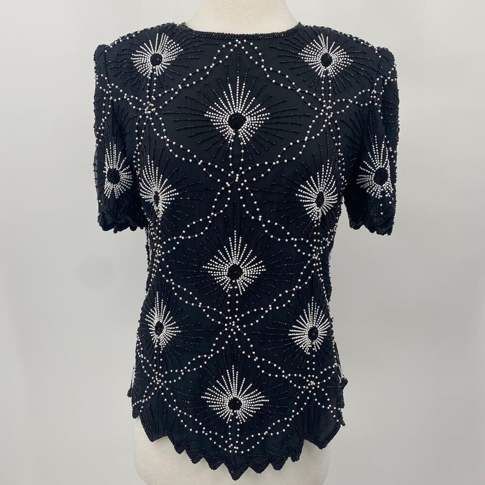Vintage Scala Pure Silk Beaded Pearl Top Short Sleeve Black White Womens size XL - Picture 2 of 13